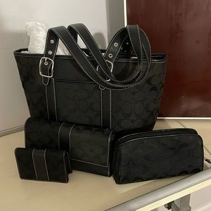 Coach Signature Black Tote Purse 6042 w/ wallet 6058 card case and makeup case